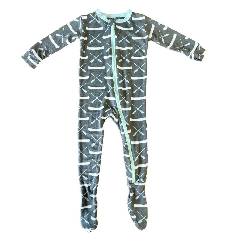 KICKEE PANTS Zip Footie Romper Boys 9-12 Mos Bamboo Gray Stone Paddles + Canoe